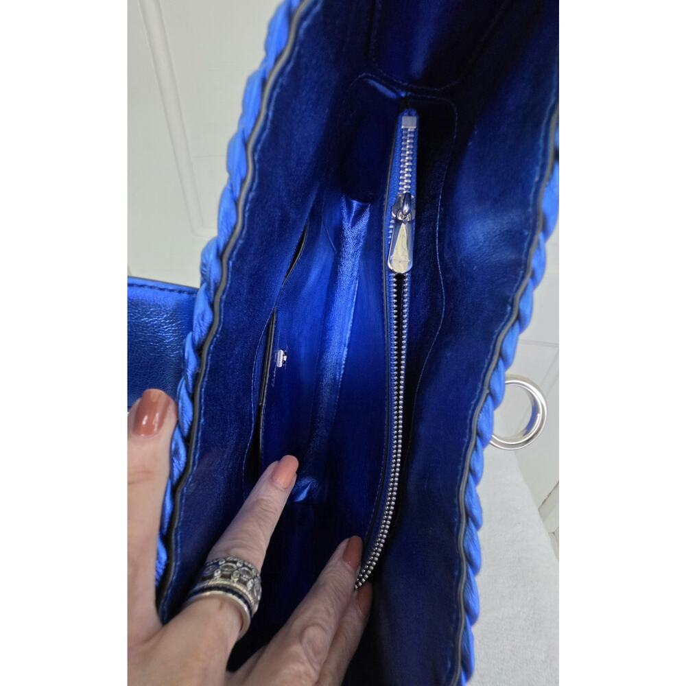 Salvatore Ferragamo Metallic Blue Leather Shoulder Bag Gancini Silver HW w/COA - Picture 9 of 11